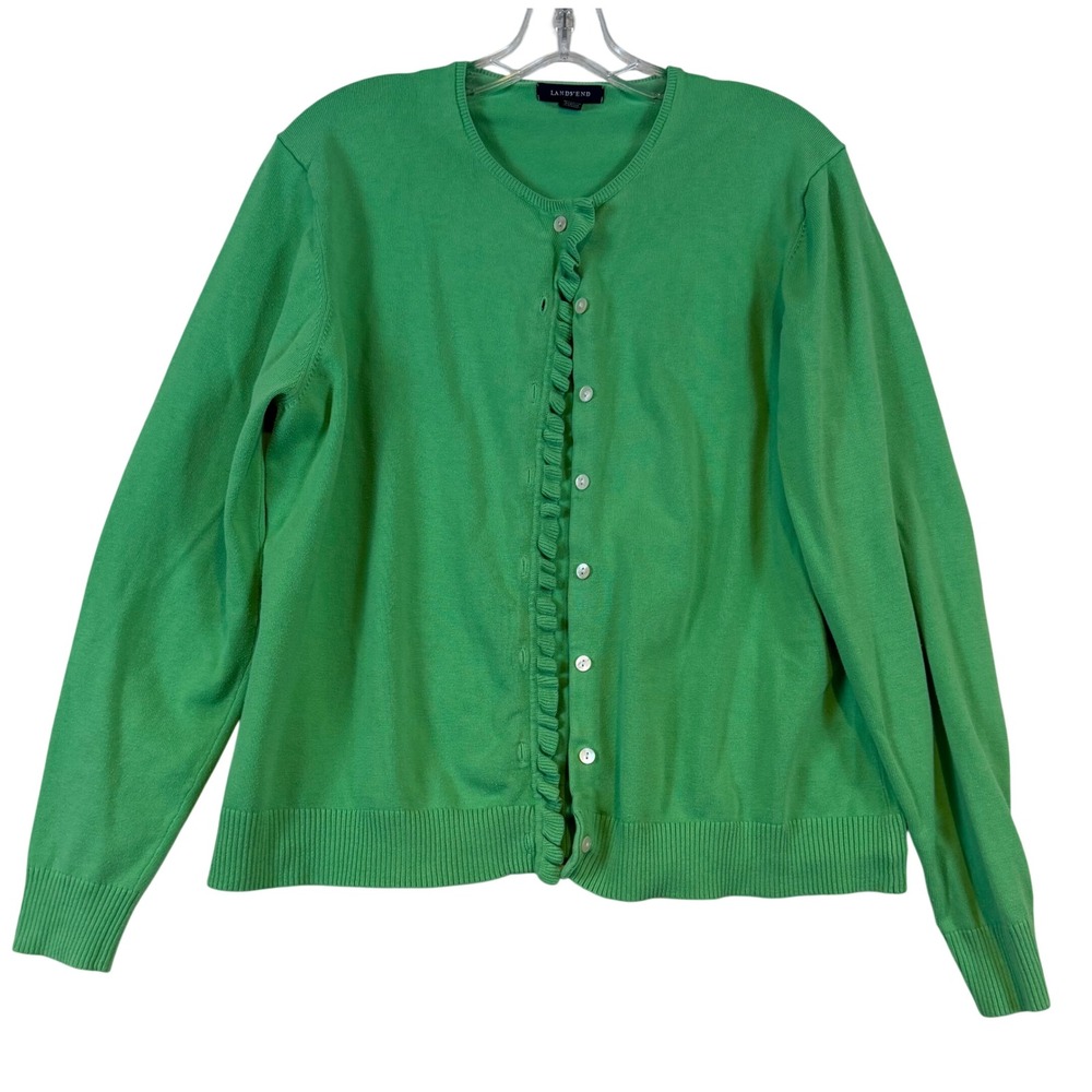 Lands End Womens XL Green Ruffle Trim Button Front Cotton Cardigan Sweater Prep